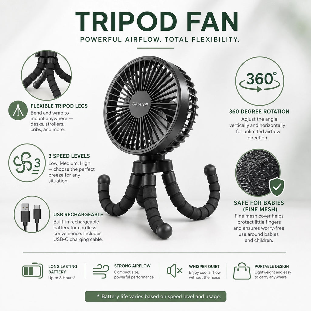 🌪️ Flexible Tripod Fan – Portable, USB Rechargeable & 360° Adjustable
